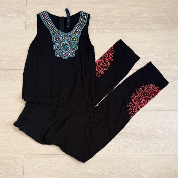 lièbo Pants - Lièbo Black Jumpsuit with Red and Blue Embroidery